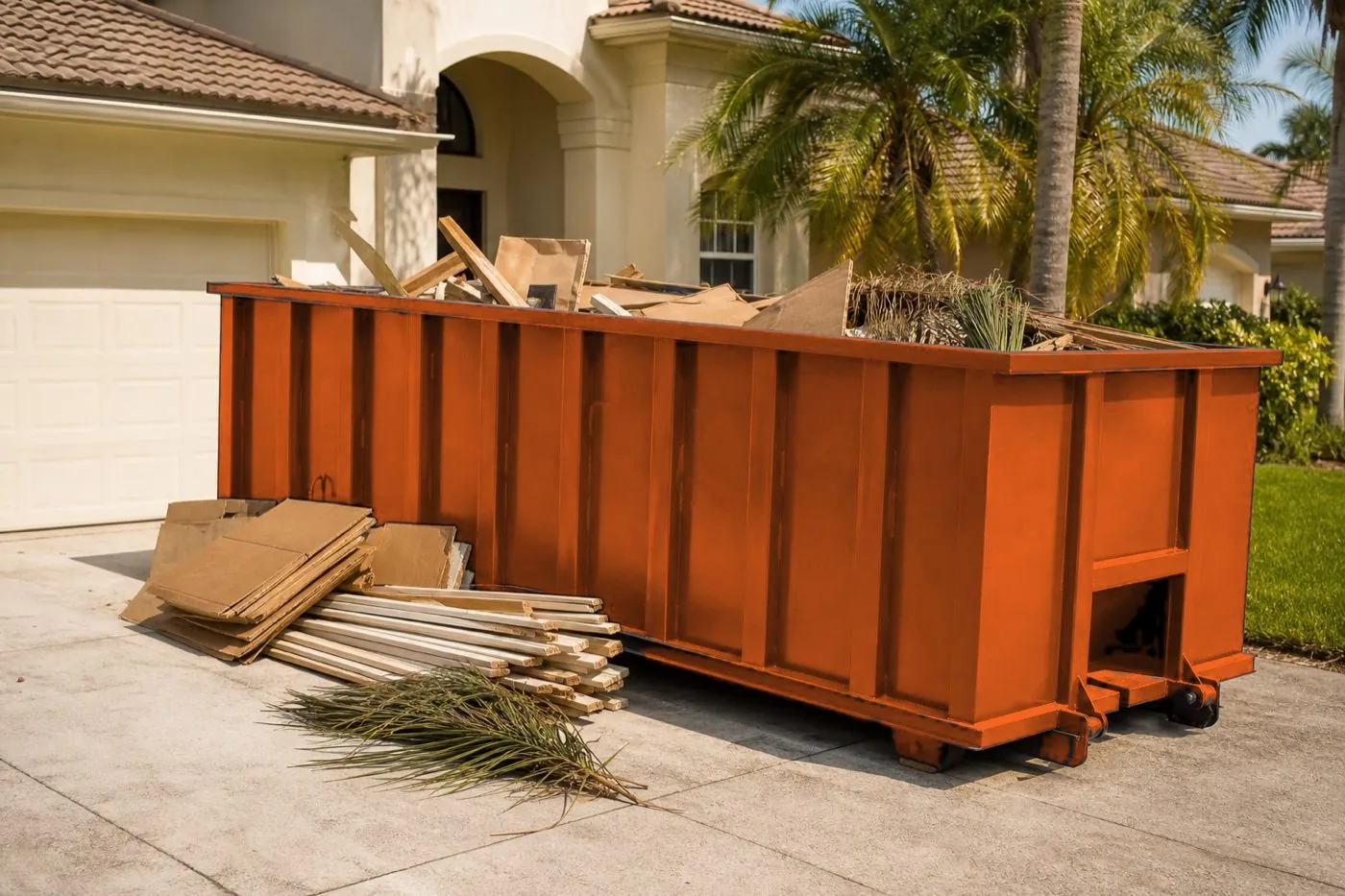 Roll-off container on a driveway beside renovation debris
